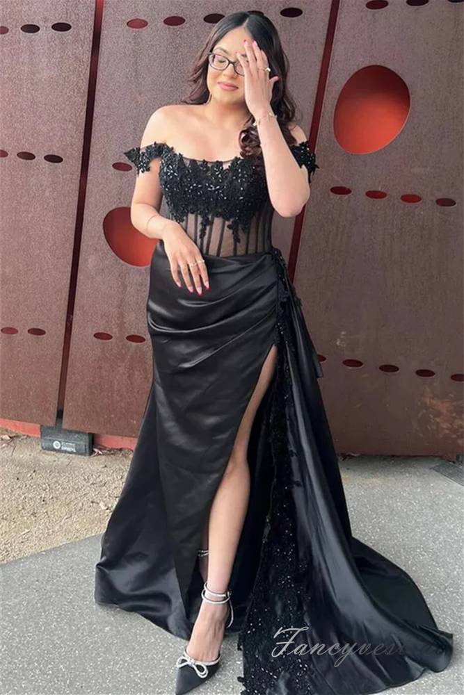 Green Applique Pleated Slit Mermaid Prom Dress with Off Shoulder