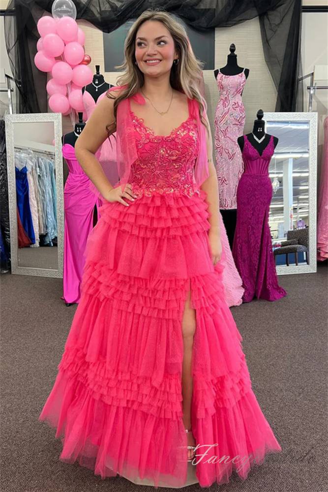 Hot Pink Applique Tiered Slit Prom Dress with Bow Tie Straps