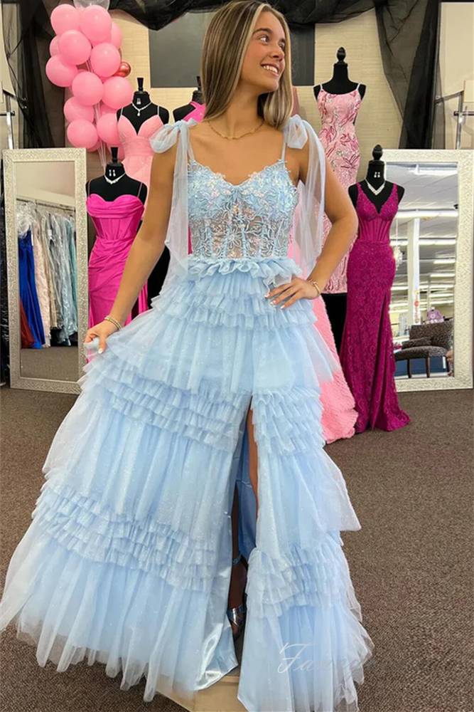 Hot Pink Applique Tiered Slit Prom Dress with Bow Tie Straps