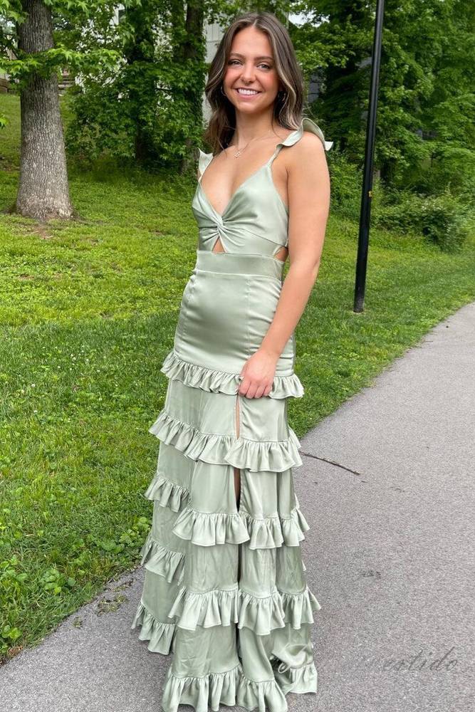 Straps Sage Keyhole Ruffle Long Prom Dress with Slit