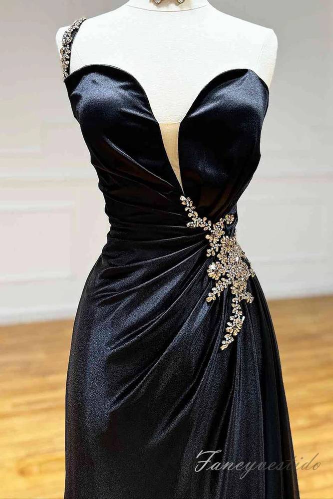 Black Sweetheart Plaeted Velvet Long Prom Dress with One Shoulder