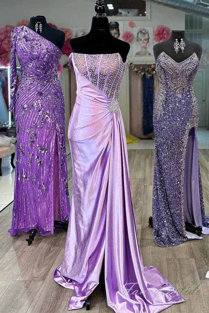 White Beaded Pleated Mermaid Slit Prom Dress with One Shoulder