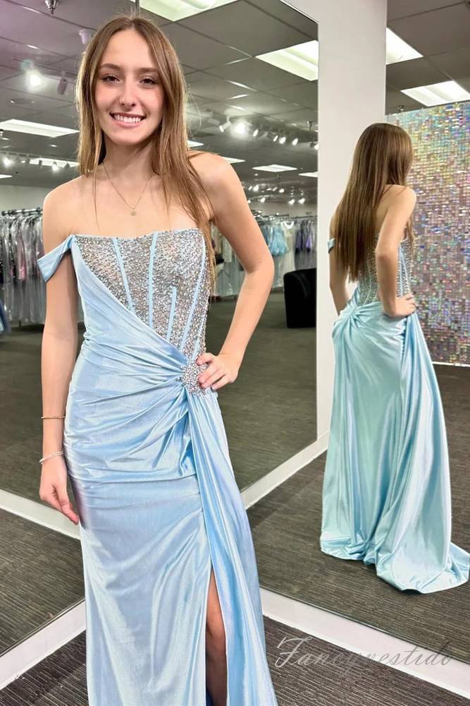 White Beaded Pleated Mermaid Slit Prom Dress with One Shoulder