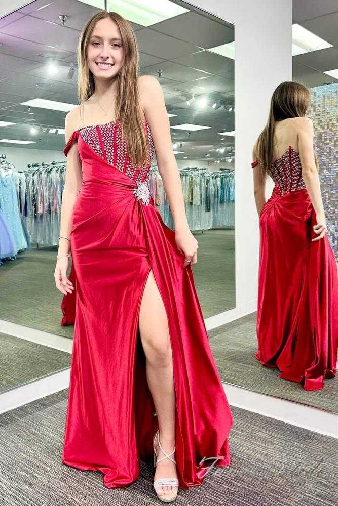 White Beaded Pleated Mermaid Slit Prom Dress with One Shoulder