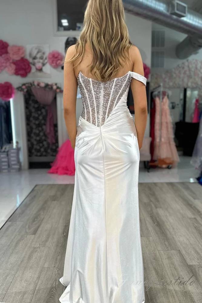 White Beaded Pleated Mermaid Slit Prom Dress with One Shoulder