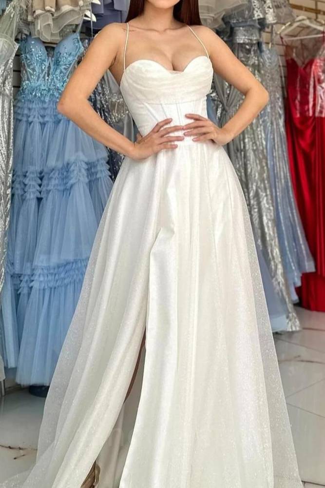 Sparkly Ivory Sweetheart Tulle A-Line Prom Dress with Slit