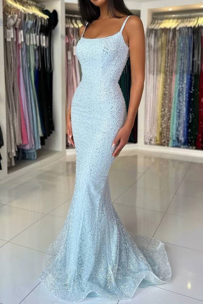 Light Blue Straps Sequin Long Mermaid Prom Dress