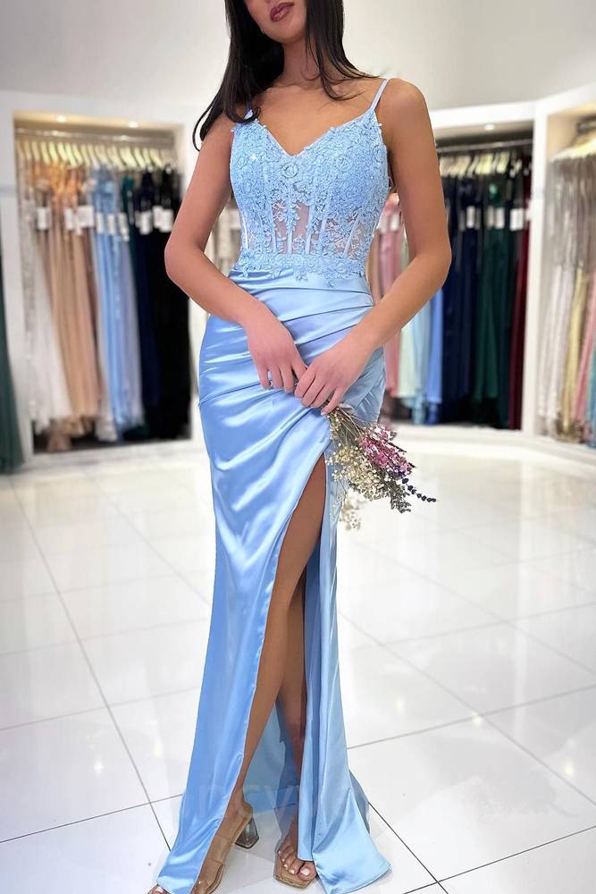 Blue Straps Applique Pleated Mermaid Prom Dress with Slit