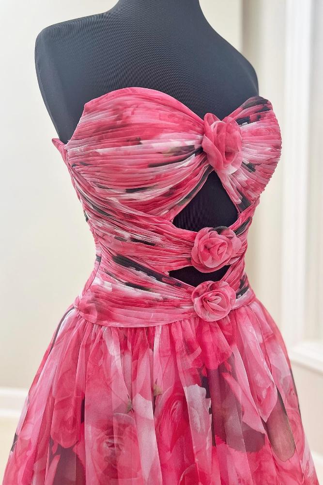 Sweetheart Kethole Floral Print A-Line Prom Dress