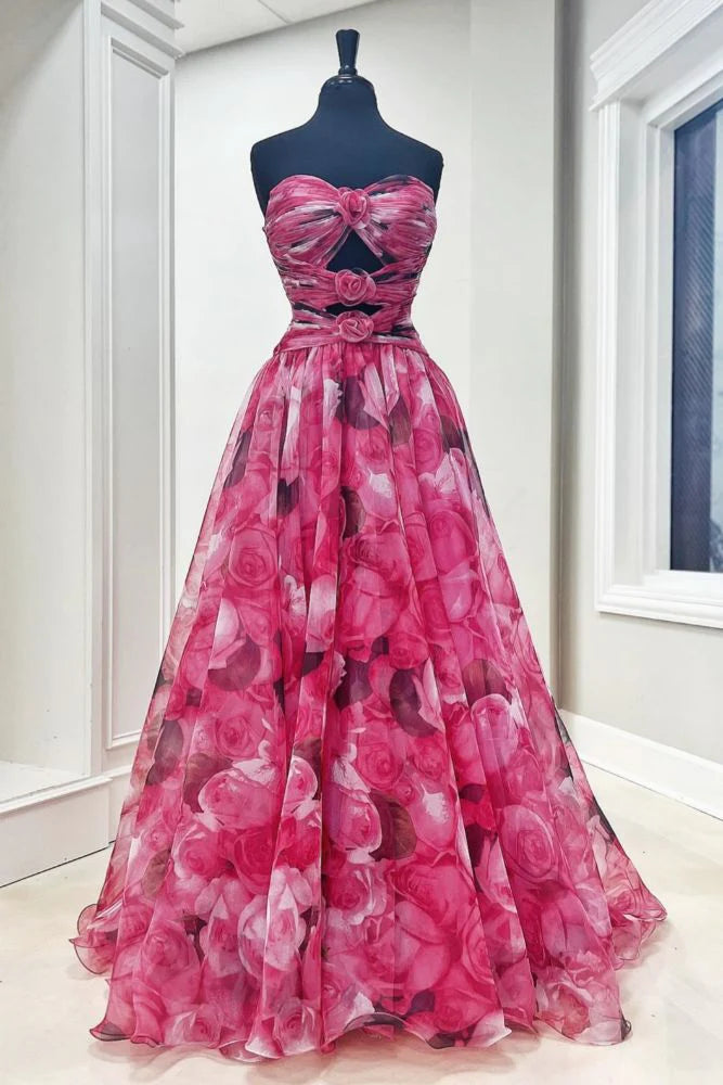 Sweetheart Kethole Floral Print A-Line Prom Dress