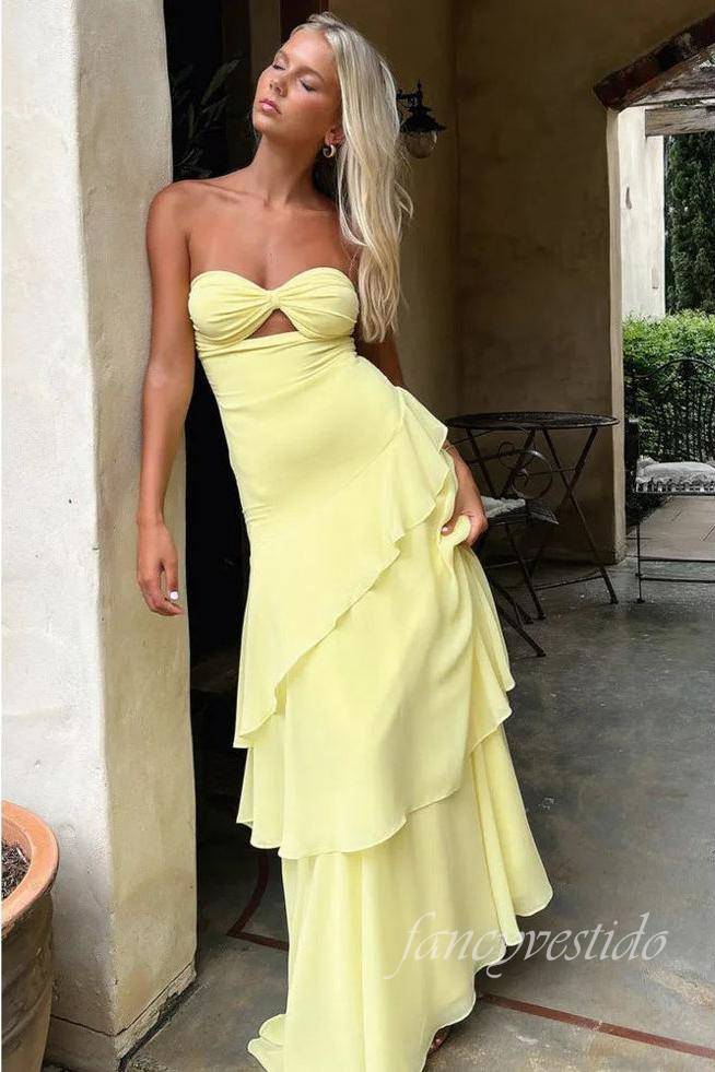 Sweetheart Yellow Keyhole Ruffle Mermaid Prom Dress