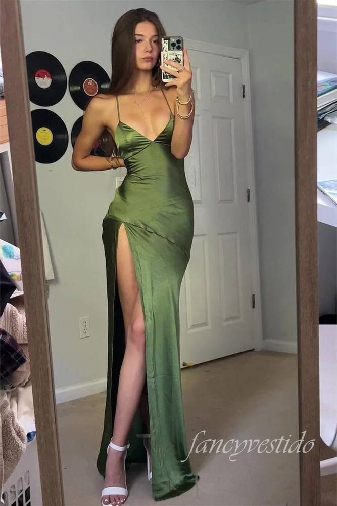 Spaghetti Straps Sheath Slit Maxi Dress with Lace-Up