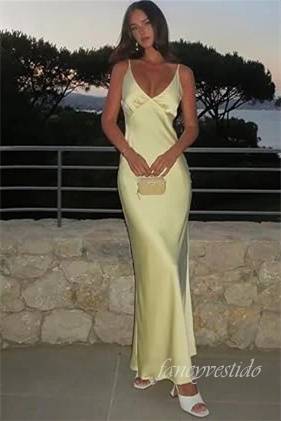 Straps V-Neck Yellow Party Maxi Dress