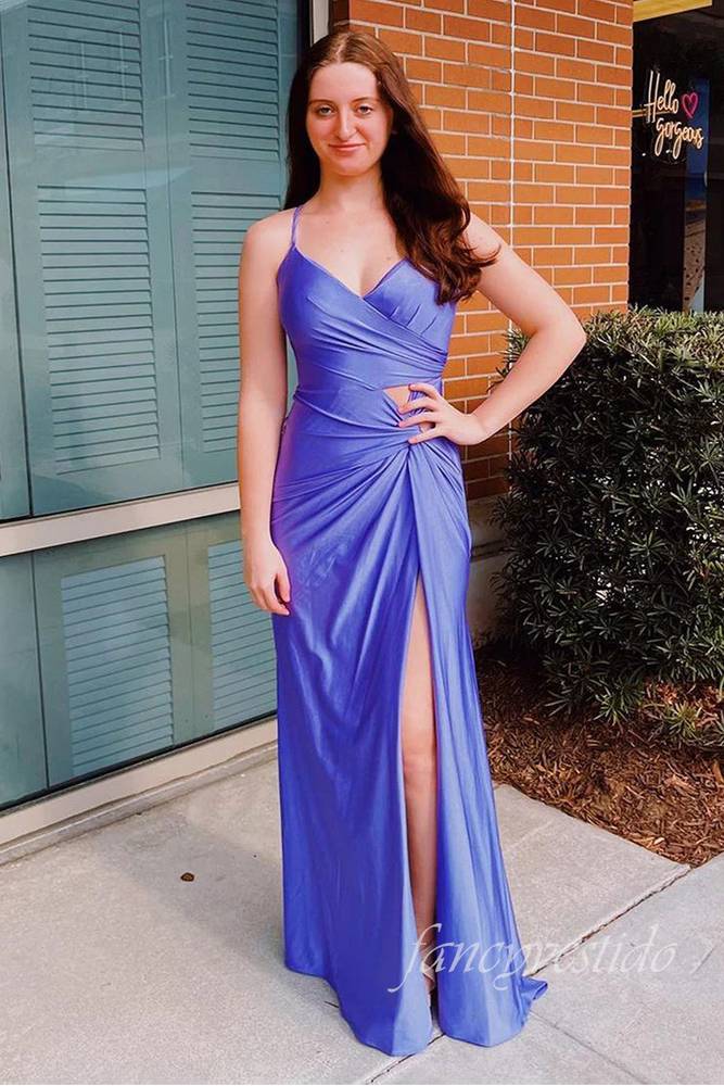 Spaghetti Straps Purple Cutout Slit Maxi Dress