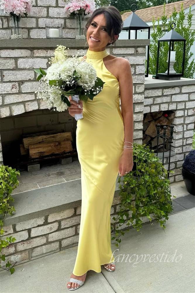 Yellow Halter Mermaid Long Maxi Dress with Open Back