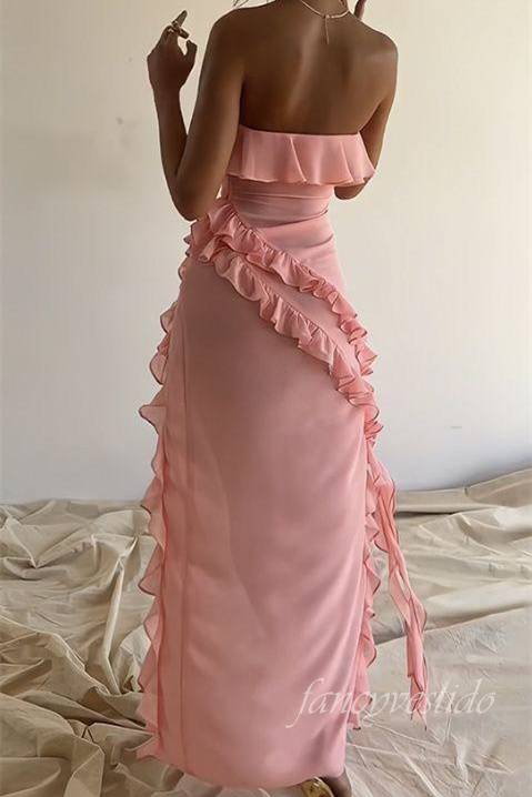 Sexy Pink Strapless Ruffle Mermaid Prom Dress with Slit
