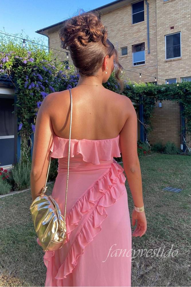 Sexy Pink Strapless Ruffle Mermaid Prom Dress with Slit