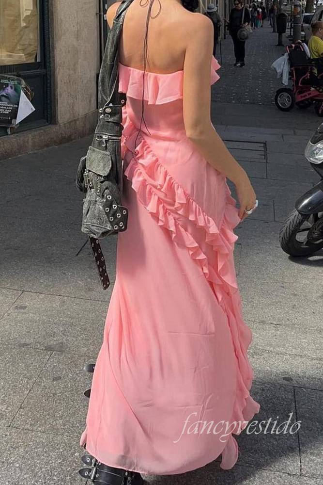 Sexy Pink Strapless Ruffle Mermaid Prom Dress with Slit