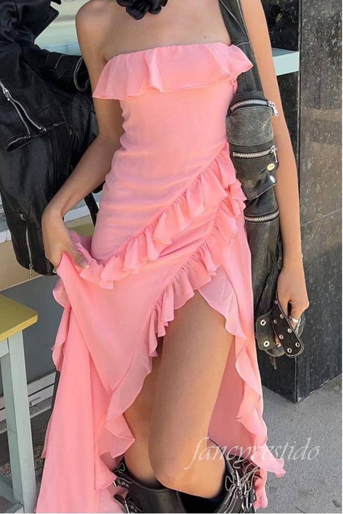Sexy Pink Strapless Ruffle Mermaid Prom Dress with Slit