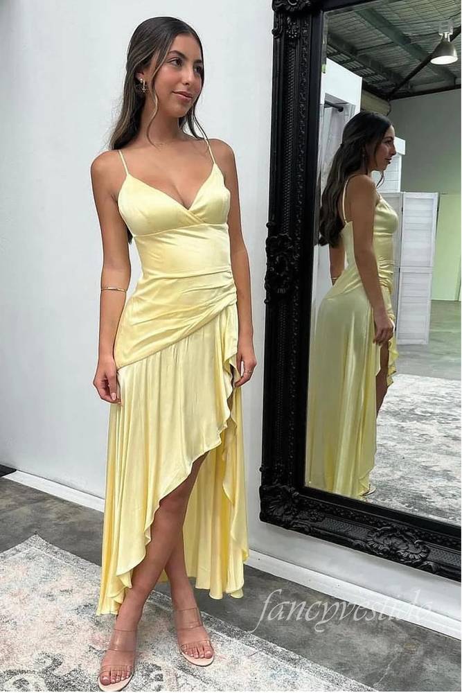 Sexy Yellow V-Neck Ruffle Prom Dress with High Slit