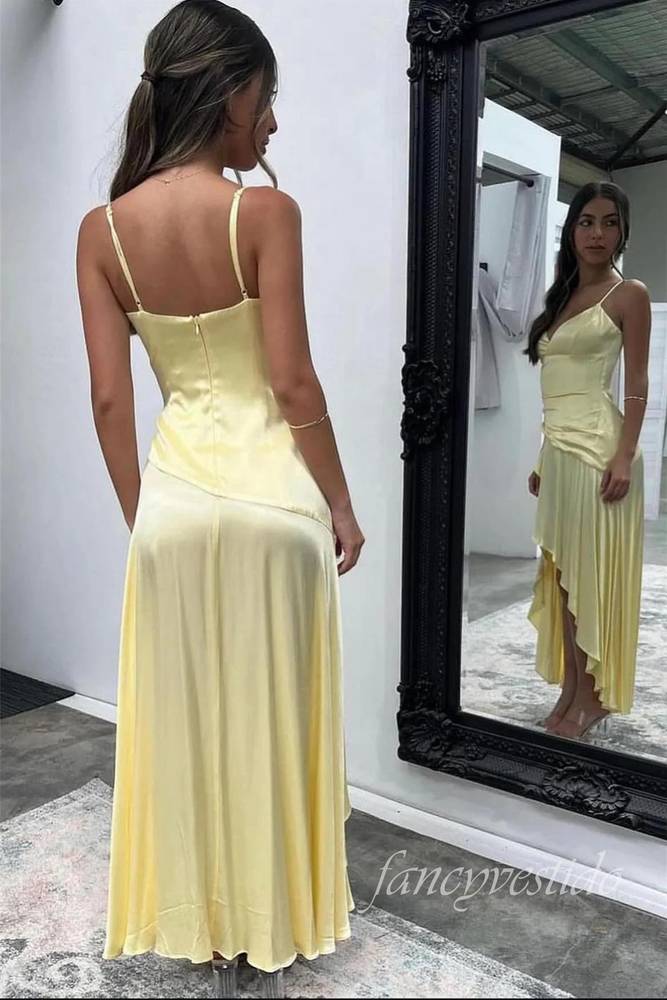 Sexy Yellow V-Neck Ruffle Prom Dress with High Slit