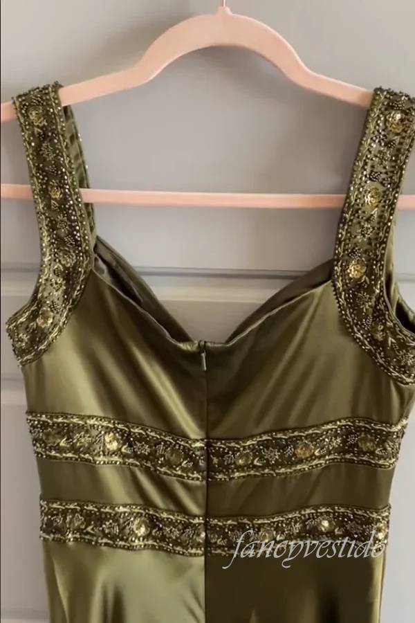 Straps Olive Beading Long Mermaid Prom Dress