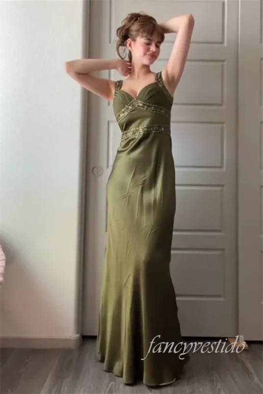 Straps Olive Beading Long Mermaid Prom Dress