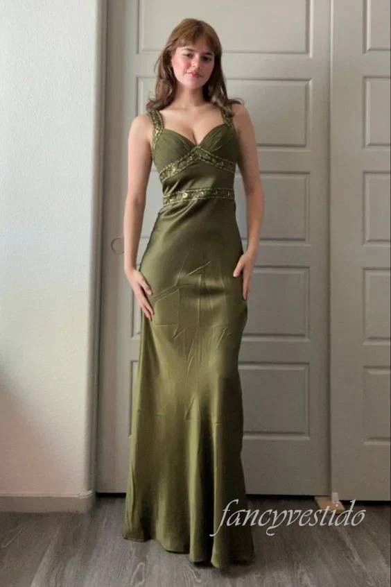 Straps Olive Beading Long Mermaid Prom Dress