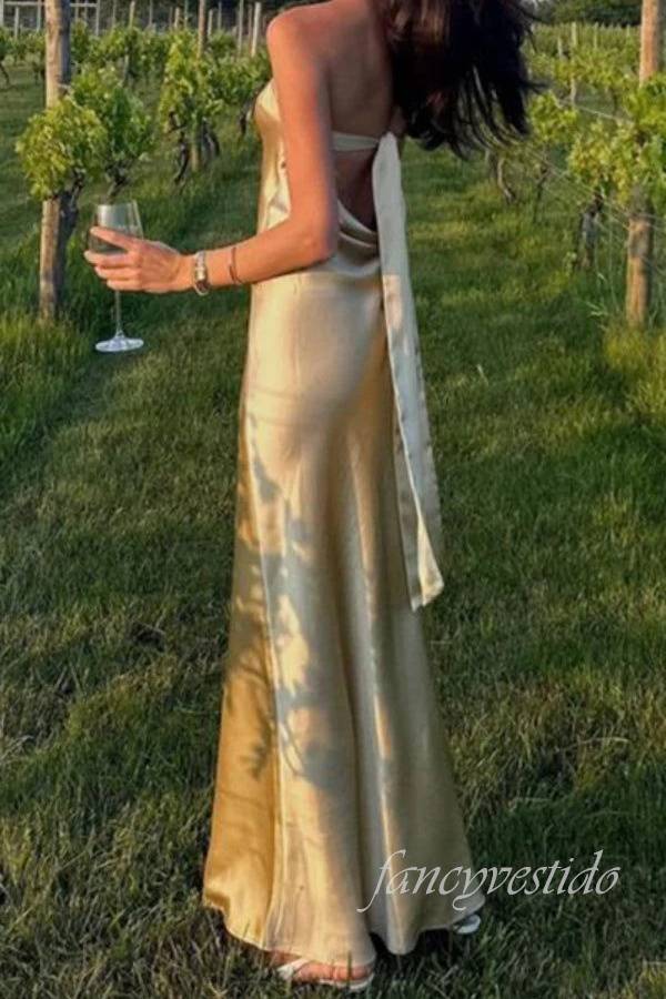 Strapless Champagne Sheath Maxi Prom Dress
