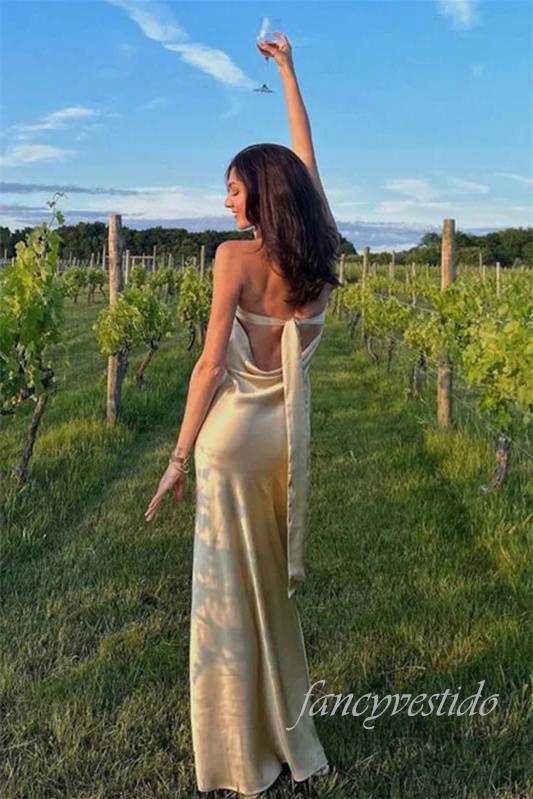 Strapless Champagne Sheath Maxi Prom Dress
