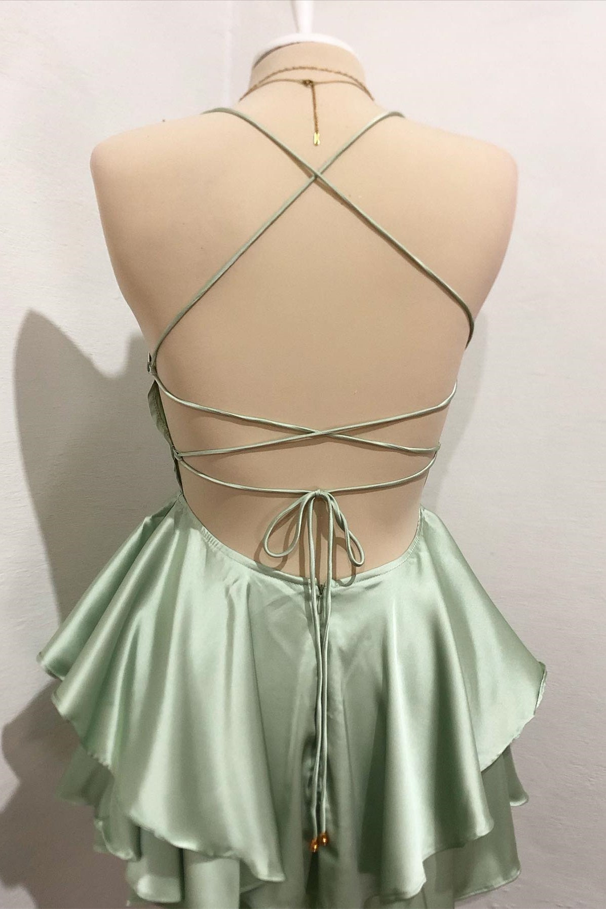 Straps Sage Ruffle A-Line Homecoming Dress with Lace-up
