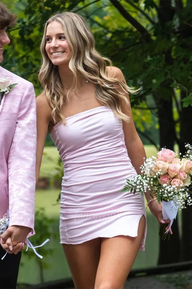 Strapless Pink Ruched Mini Party Dress