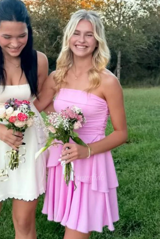 Strapless Pleated  Ruffle A-Line Homecoming Dress