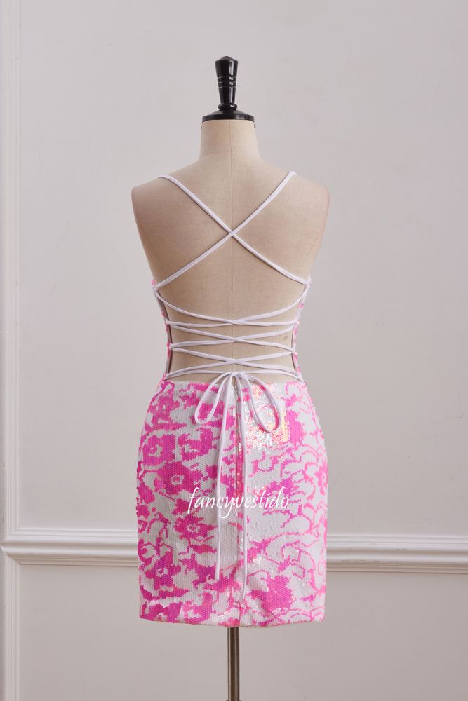 V-Neck Sequin Tight Homecoming Dress with Lace-up Back