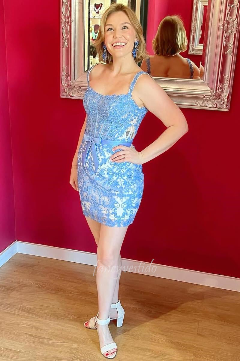 Elegant Blue Lace Applique Bodycon Homecoming Dress