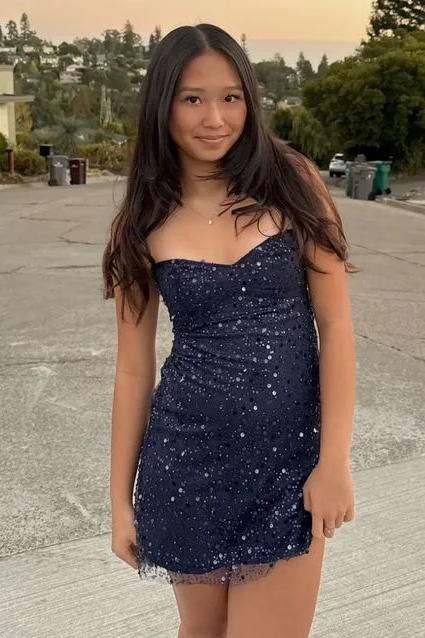 Spaghetti Straps Navy Blue Sequin Tight Homecoming Dress