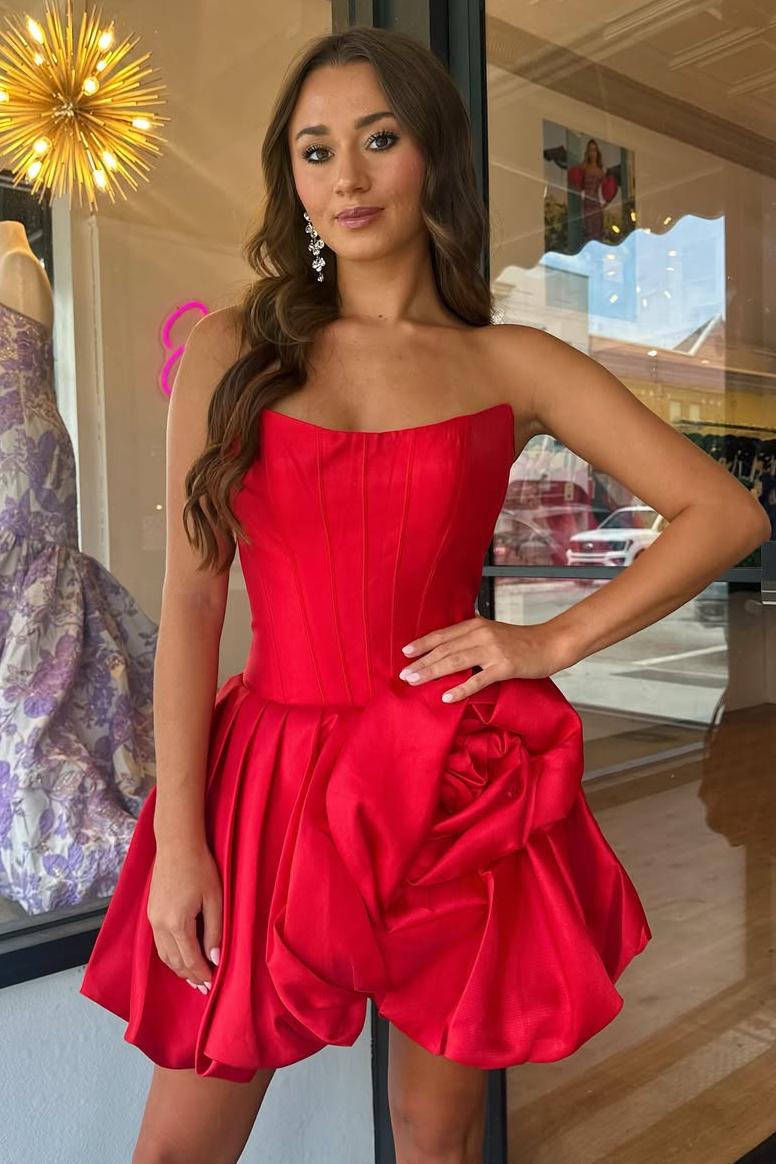 Strapless Red A-Line Homecoming Dress with Floral