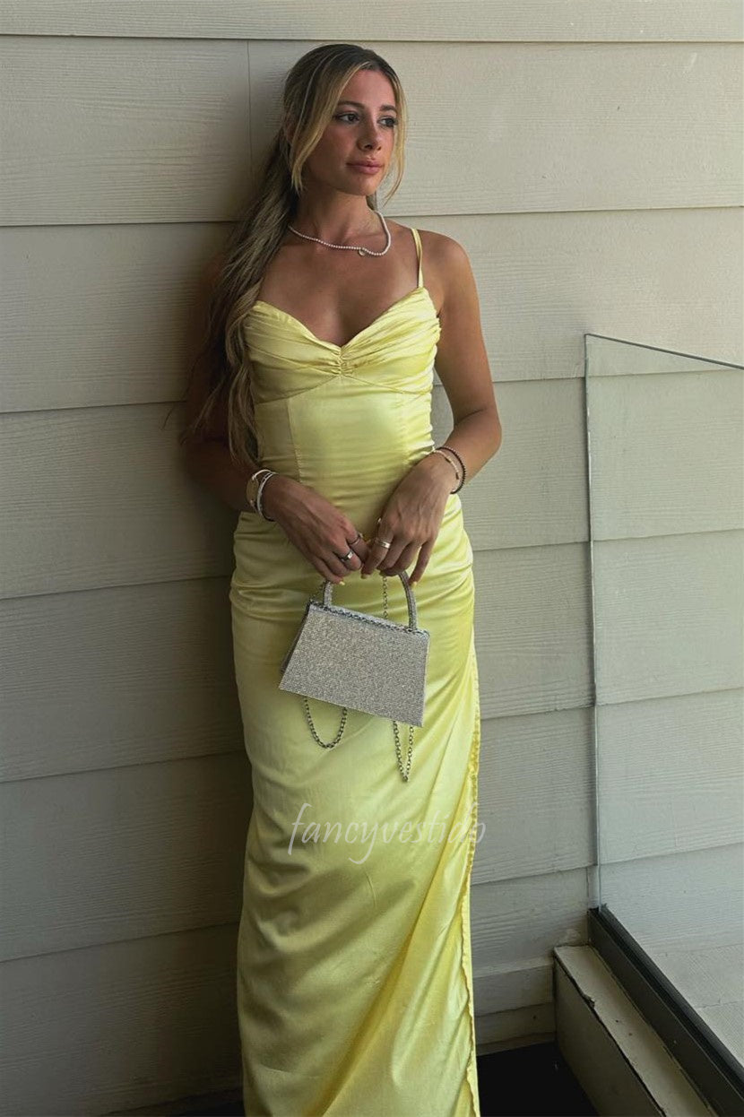 Spaghetti Straps V-Neck Pleated Sheath Long Prom Dress