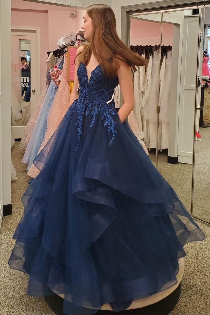 Straps V-Neck Applique A-Line Ruffle Prom Dress