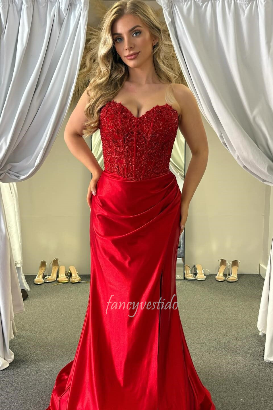 Red Sweetheart Lace Corset Bodice Satin Prom Gown with Slit  FancyVestido