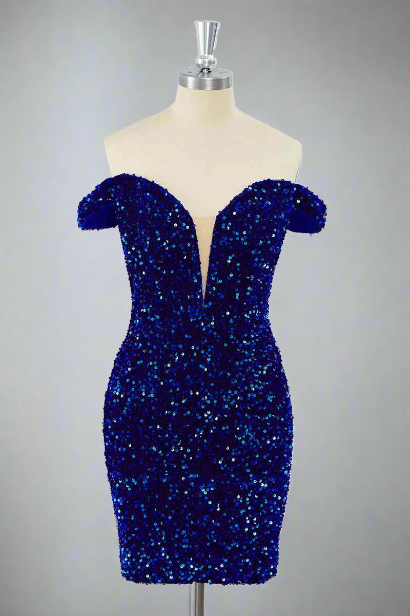 Fitted Royal Blue Off-the-Shoulder Sequin Mini Dress Full Shot
