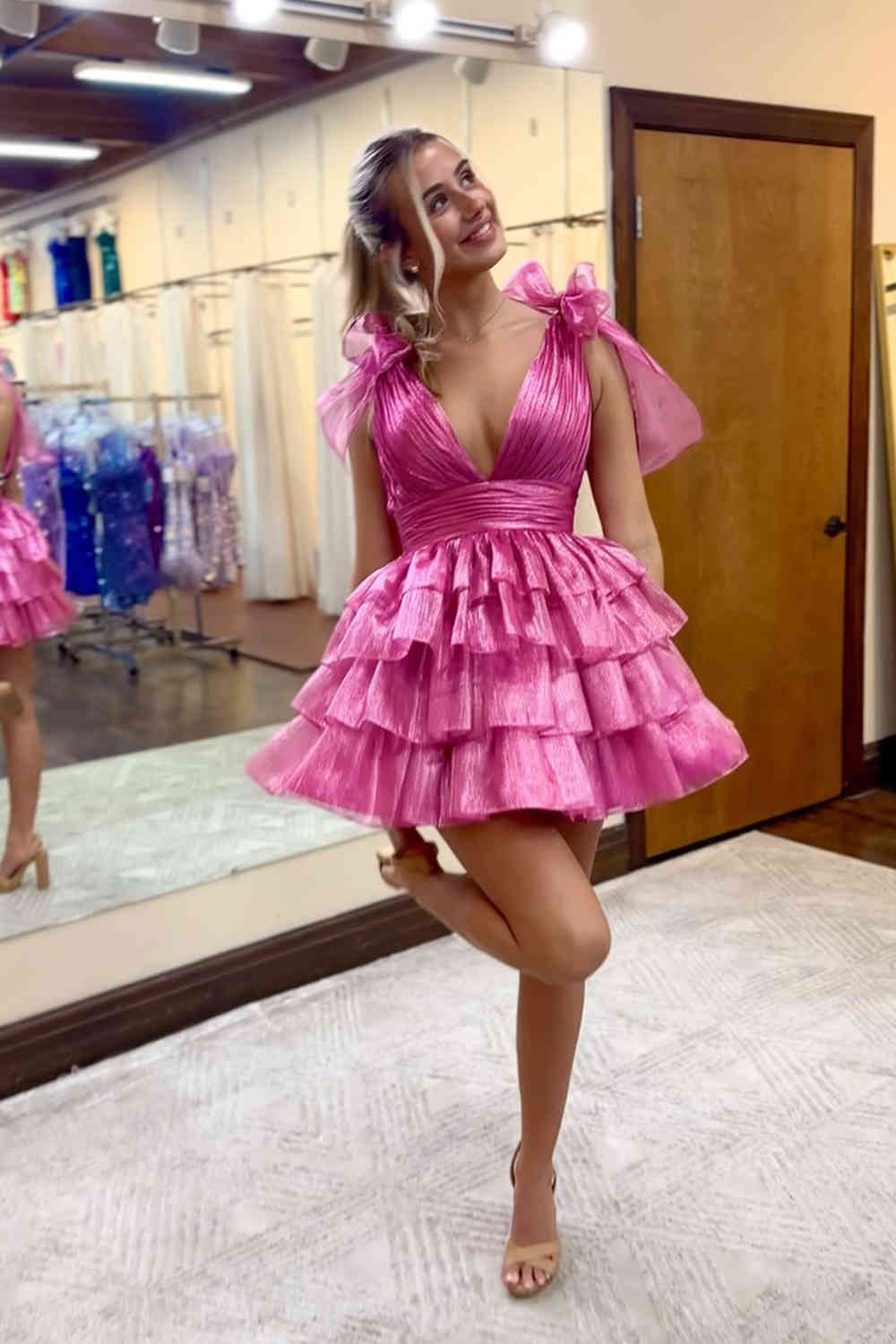 Fuchsia V-Neck Tiered Short Party Dress