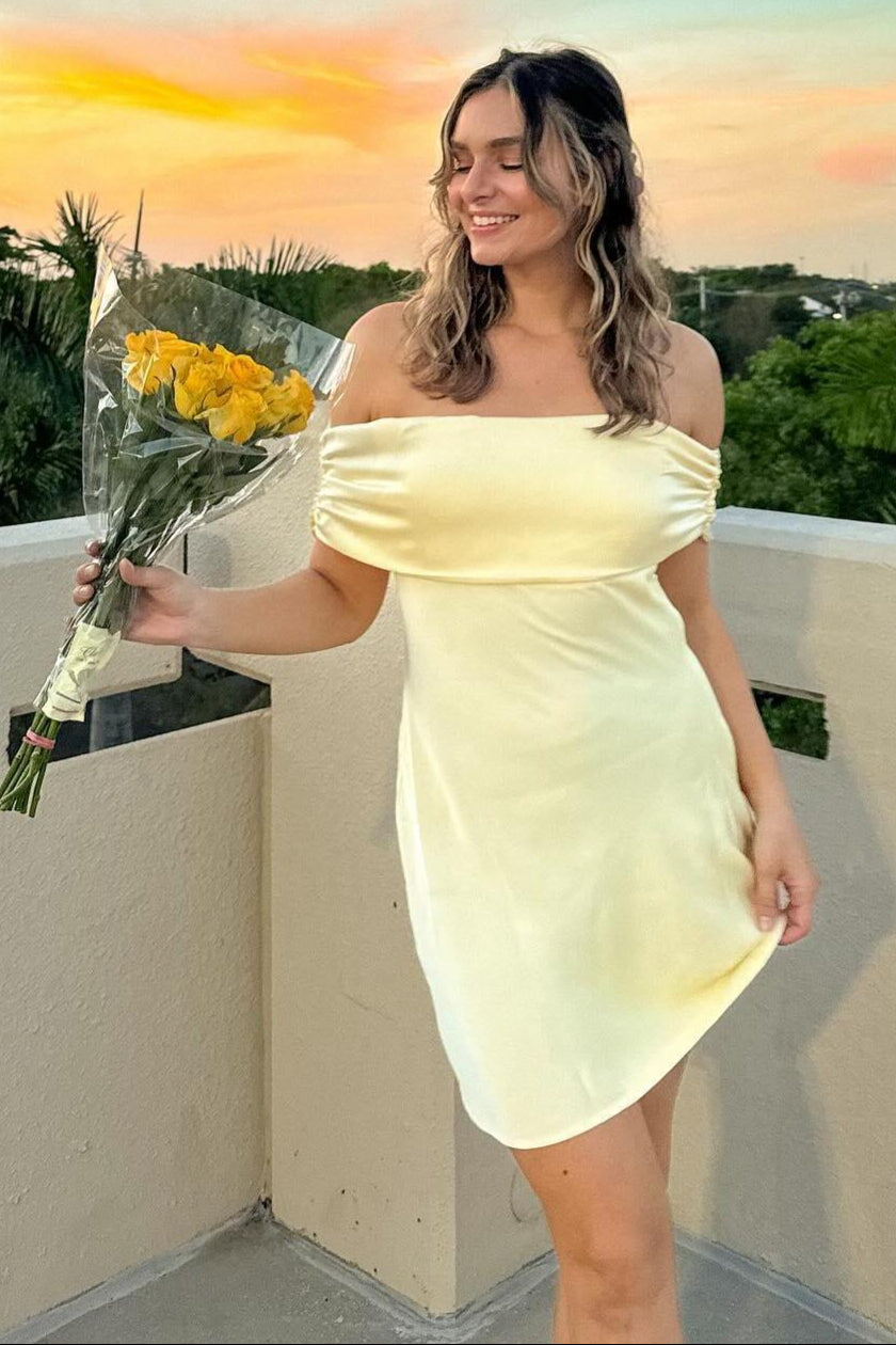 Chic Off the Shoulder Yellow Homecoming Dress with Bow Back