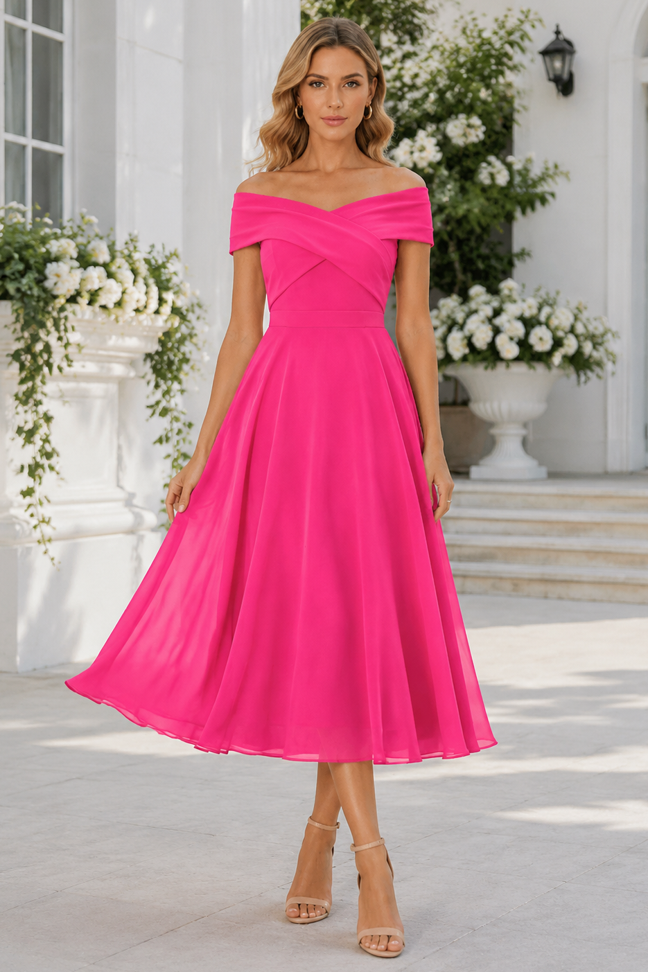 Hot Pink Chiffon A-Line Off-Shoulder V-Back Midi Mother Of The Bride D