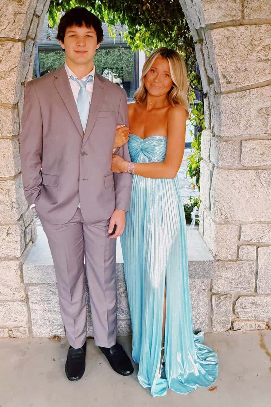 Strapless Blue Metallic Pleated Prom Dress with Slit FancyVestido Strapless Blue Metallic Pleated Prom Dress with Slit FancyVestido