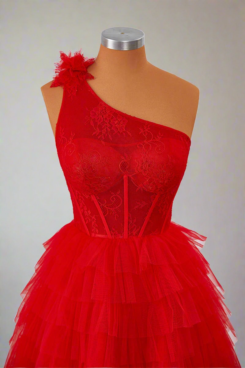 One Shoulder Red Lace Corset Ruffle Short Homecoming Dress Front Shot