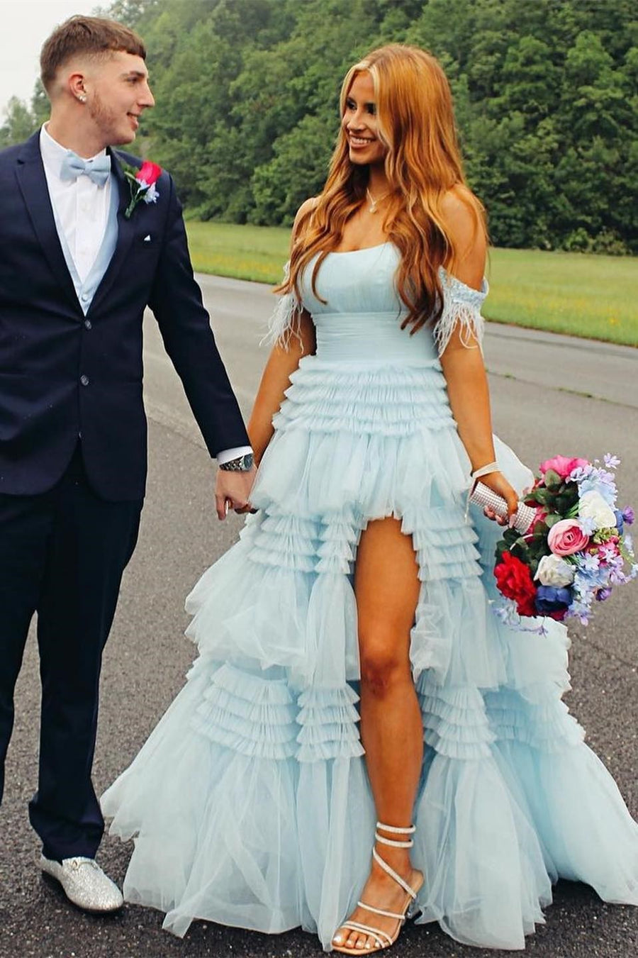Cold Shoulder Pink Feathers A-Line Tiered Prom Dress FancyVestido Cold Shoulder Pink Feathers A-Line Tiered Prom Dress FancyVestido