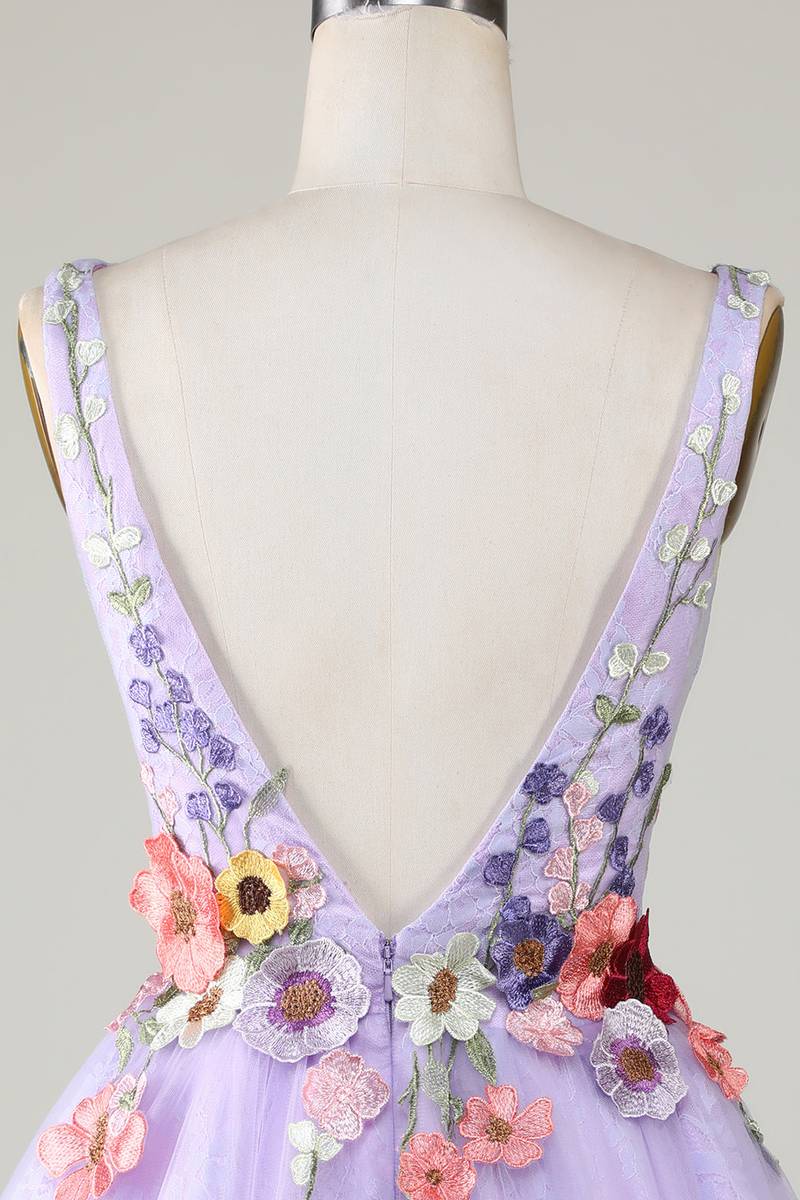 Plunging Neck Lavender Floral Backless Short Floral Dress Back Shot