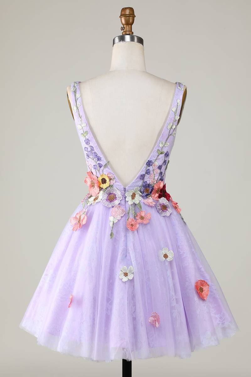 Plunging Neck Lavender Floral Backless Short Floral Dress Full Back Shot