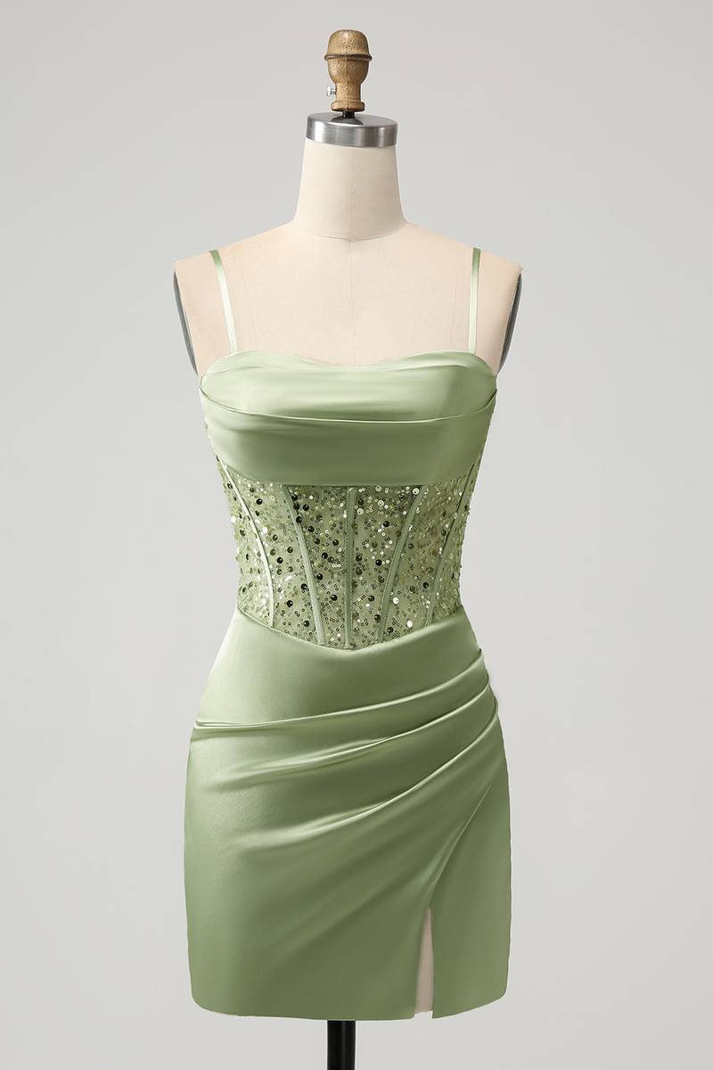 sage green hoco dress Furlla Woman Stunning Short Satin Homecoming with Spaghetti Straps and Elegant Appliques, Sage / US14 or any other occasion green short homecoming dresses Metallic-Lace